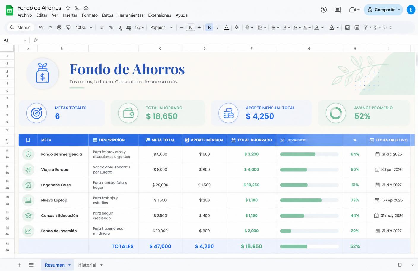 Sección de fondo de ahorros